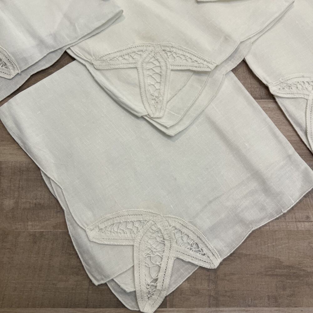 New Vtg SET 6 White Cotton Linen Battenberg Embroidered Lace Napkins 17" Square